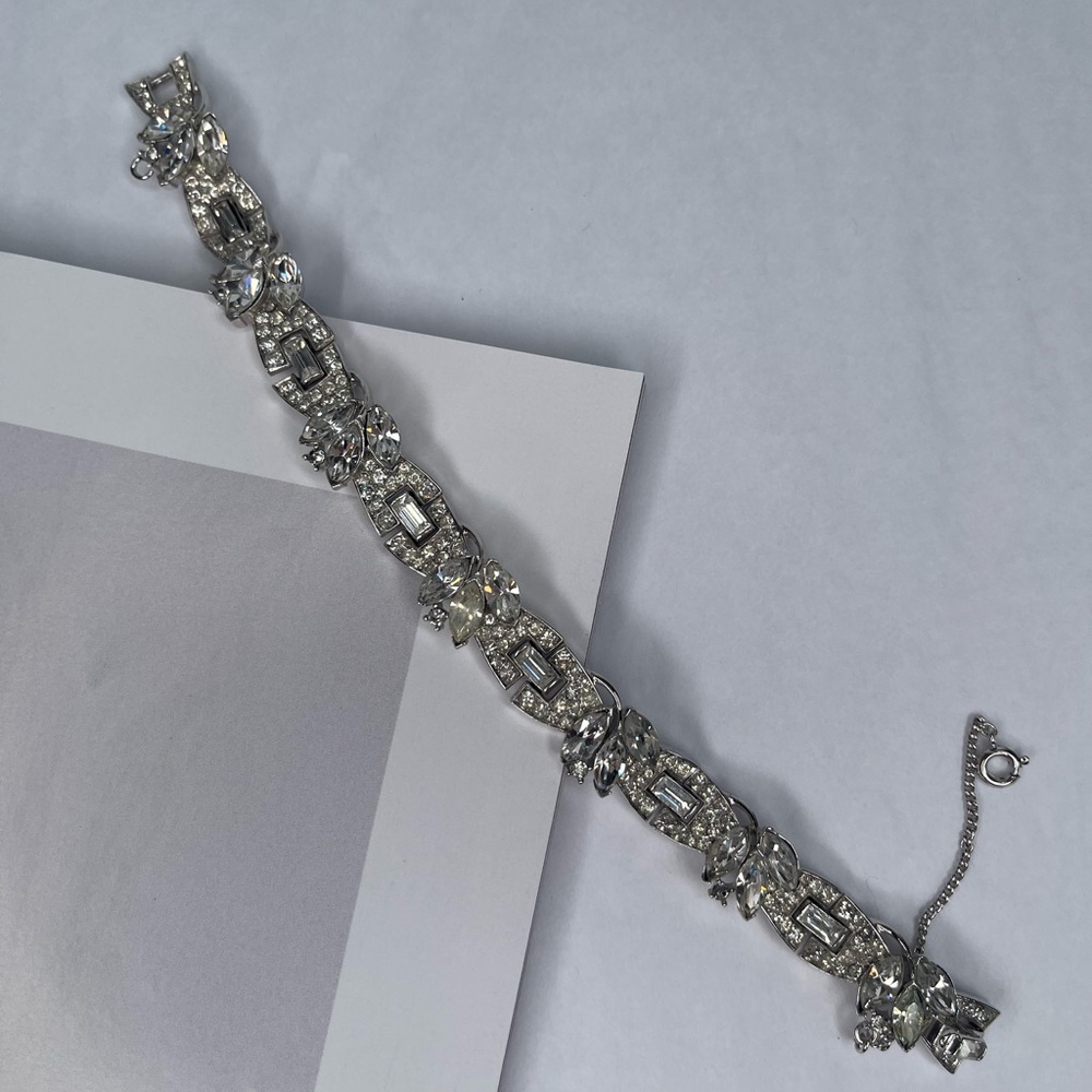Crown Trifari Pavé & Baguette Rhinestone Rhodium Bracelet